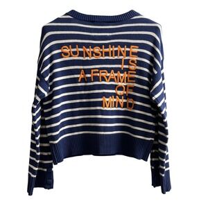 XOKR Sweater Blue Striped V Neck Sunshine Embroidered Back Spellout Size M Boxy